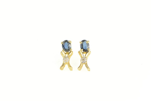 14K Oval Sapphire Diamond Accent Dangle Earrings Yellow Gold