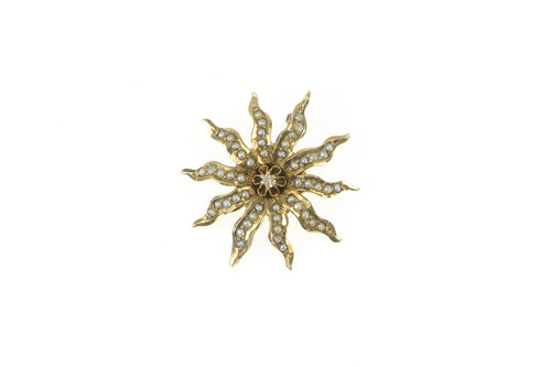 14K Victorian Diamond Seed Pearl Flower Sun Pendant Yellow Gold