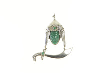 Load image into Gallery viewer, Sterling Silver Carved Tribal Mask Green Agate Scimitar Sword Pin/Brooch