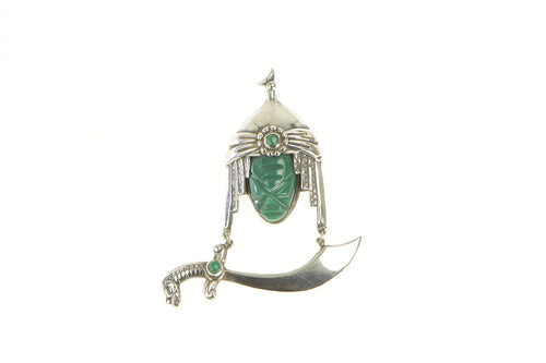 Sterling Silver Carved Tribal Mask Green Agate Scimitar Sword Pin/Brooch