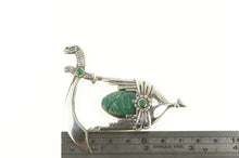 Load image into Gallery viewer, Sterling Silver Carved Tribal Mask Green Agate Scimitar Sword Pin/Brooch