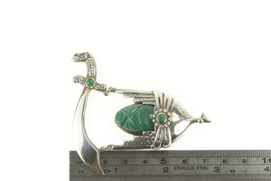 Sterling Silver Carved Tribal Mask Green Agate Scimitar Sword Pin/Brooch