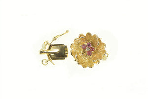 14K Natural Ruby Diamond Flower Box Clasp Yellow Gold