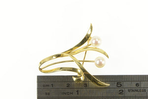 14K Retro Mikimoto Ornate Pearl Swirl Floral Leaf Pin/Brooch Yellow Gold