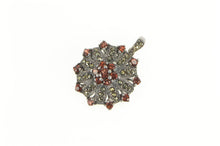 Load image into Gallery viewer, Sterling Silver Garnet Marcasite Round Floral Halo Cluster Pendant