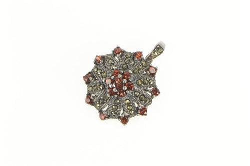 Sterling Silver Garnet Marcasite Round Floral Halo Cluster Pendant