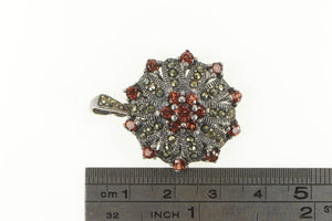Sterling Silver Garnet Marcasite Round Floral Halo Cluster Pendant