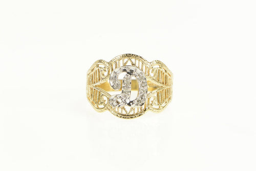 10K D Diamond Cursive Monogram Ornate Filigree Ring Yellow Gold