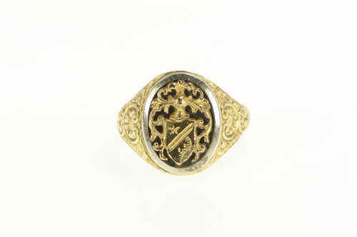 18K Elaborate Designer Coat of Arms Filigree Oval Ring Yellow Gold