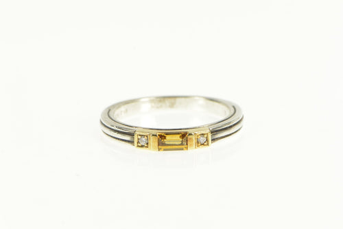 Sterling Silver Emerald Cut Citrine Diamond Band 18K Gold Ring