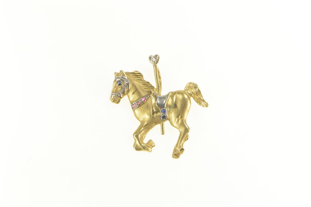 14K Sapphire Ruby Diamond Carousel Horse Ride Charm/Pendant Yellow Gold
