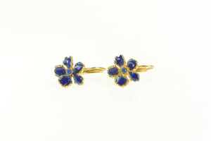 18K Blue Enamel 3D Flower Dangle Statement Earrings Yellow Gold