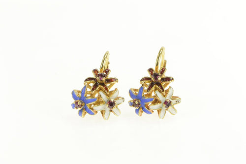 18K Ruby Enamel Flower Cluster Unique Dangle Earrings Yellow Gold
