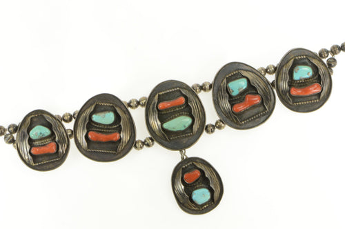 Sterling Silver Turquoise Coral Native Amer. Squash Blossom Necklace 19.5