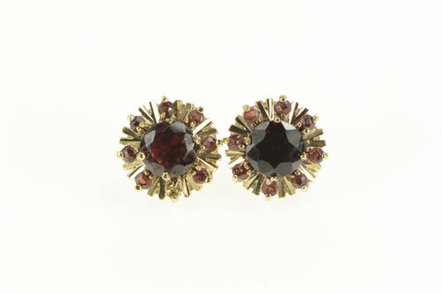 14K Round Garnet Halo Retro Cluster Stud Earrings Yellow Gold