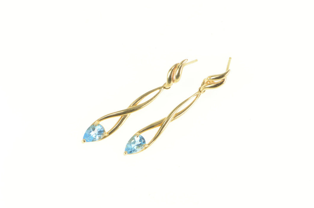 14K Pear Blue Topaz Twist Dangle Statement Earrings Yellow Gold