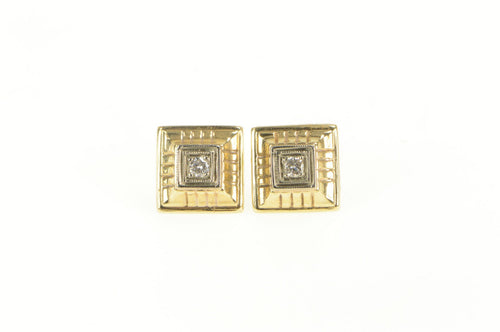 14K Retro Raised Squared Diamond Inset Stud Earrings Yellow Gold