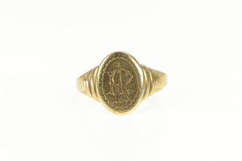 14K Victorian R A Monogram Ornate Oval Signet Ring Yellow Gold