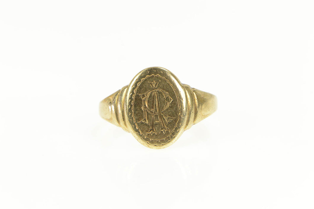 14K Victorian R A Monogram Ornate Oval Signet Ring Yellow Gold