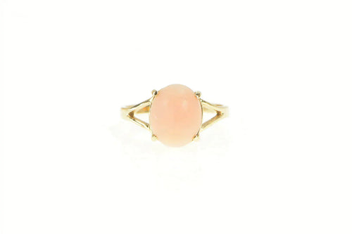 14K Retro Oval Coral Cabochon Vintage Statement Ring Yellow Gold