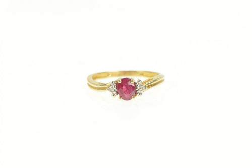 14K Oval Natural Ruby Diamond Three Stone Ring Yellow Gold