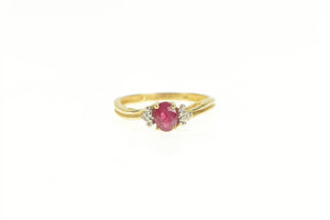14K Oval Natural Ruby Diamond Three Stone Ring Yellow Gold