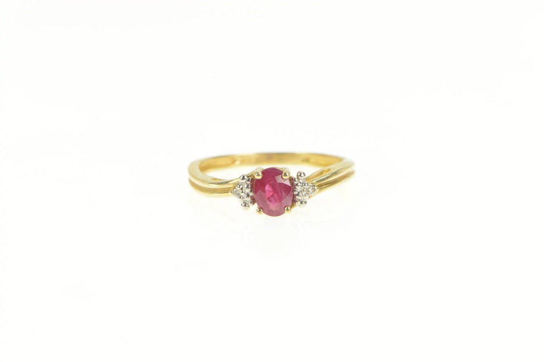 14K Oval Natural Ruby Diamond Three Stone Ring Yellow Gold
