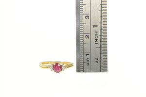14K Oval Natural Ruby Diamond Three Stone Ring Yellow Gold