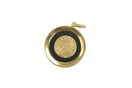 14K Mayan Calendar Black Onyx Round Pendant Yellow Gold