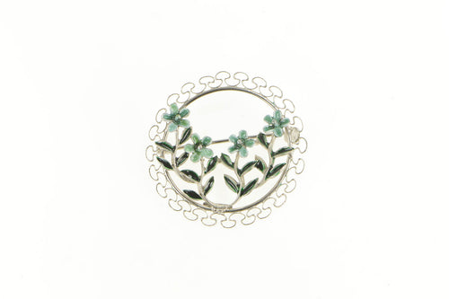 Sterling Silver Enamel Flower Forget Me Not Oval Statement Pin/Brooch