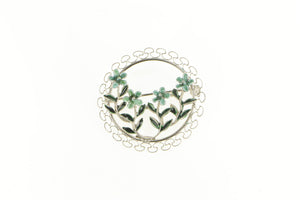 Sterling Silver Enamel Flower Forget Me Not Oval Statement Pin/Brooch