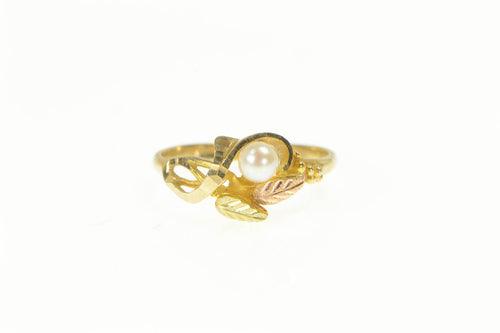 10K Pearl Black Hills Leaf Vine Motif Ring Yellow Gold
