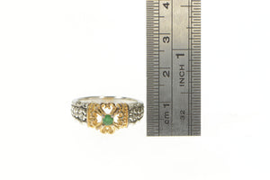 Sterling Silver Natural Emerald Two Tone Clover Floral Ring
