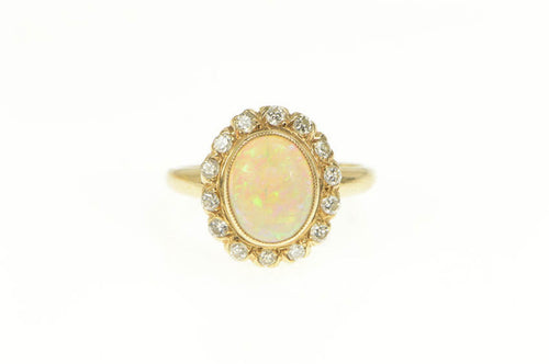 14K 2.17 Ctw Natural Opal Diamond Halo Cocktail Ring Yellow Gold