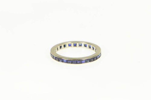 14K Art Deco Princess Syn. Sapphire Eternity Band Ring White Gold