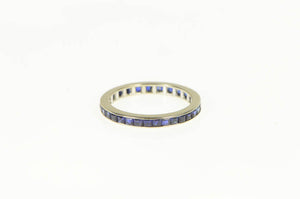14K Art Deco Princess Syn. Sapphire Eternity Band Ring White Gold