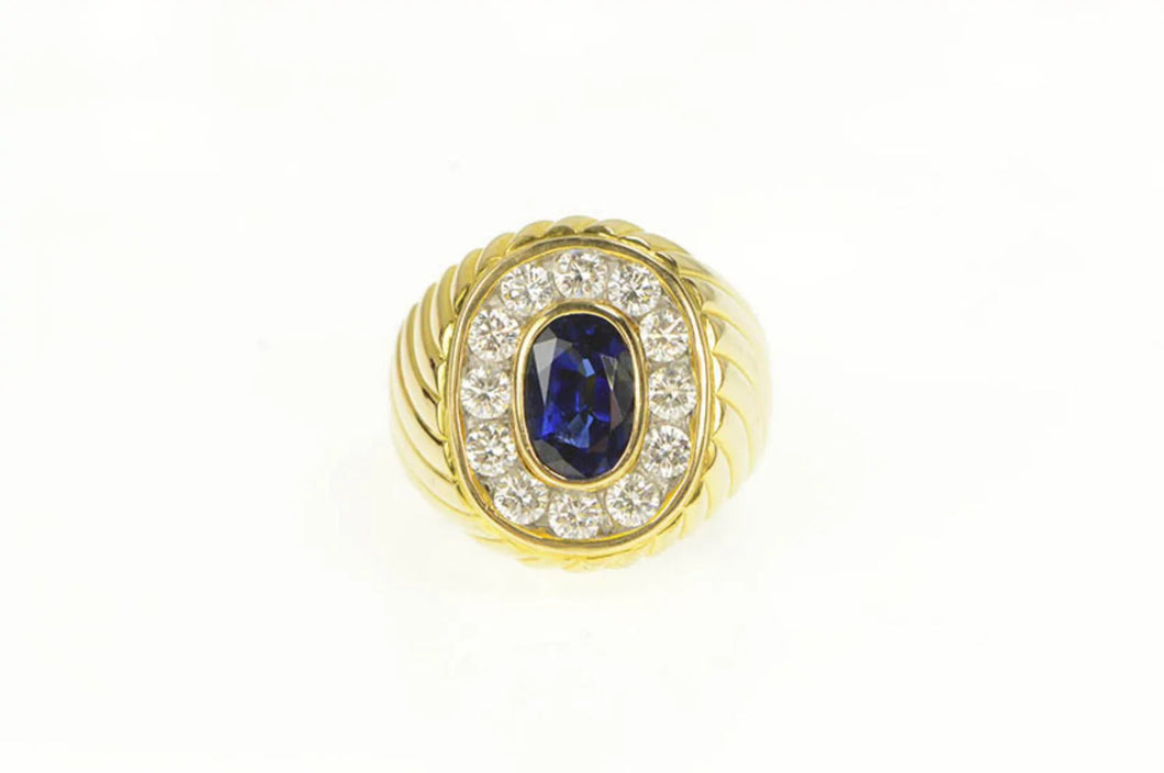 18K 2.75 Ctw Natural Sapphire Diamond Halo Artisan Ring Yellow Gold