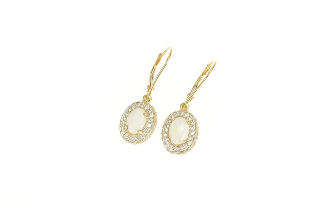 14K 1.78 Ctw Opal Pave Diamond Halo Dangle Earrings Yellow Gold