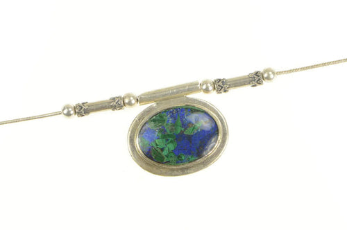 Sterling Silver Malachite Included Lapis Oval Cabochon Necklace 17.5