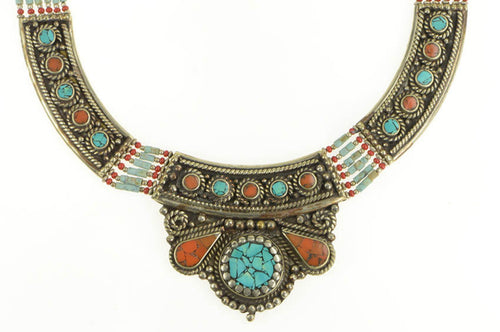 Sterling Silver Southwestern Turquoise Coral Elaborate Necklace 18.25