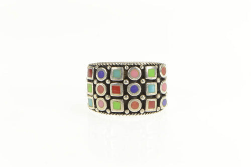 Sterling Silver Geometric Enamel Rainbow Statement Band Ring