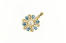 Load image into Gallery viewer, 14K Pearl Diamond Blue Topaz Swirl Halo Statement Pendant Yellow Gold