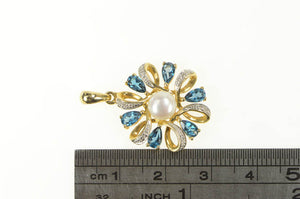 14K Pearl Diamond Blue Topaz Swirl Halo Statement Pendant Yellow Gold