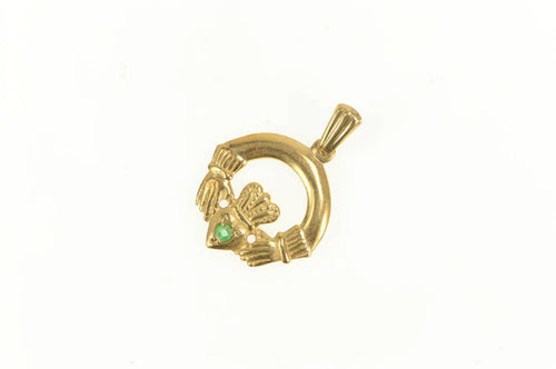 14K Emerald Claddagh Celtic Traditional Loyalty Pendant Yellow Gold