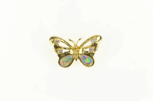 18K Natural Opal Inlay Diamond Butterfly Statement Pendant Yellow Gold
