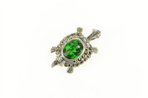 Sterling Silver Marcasite Encrusted Sim. Emerald Turtle Pin/Brooch