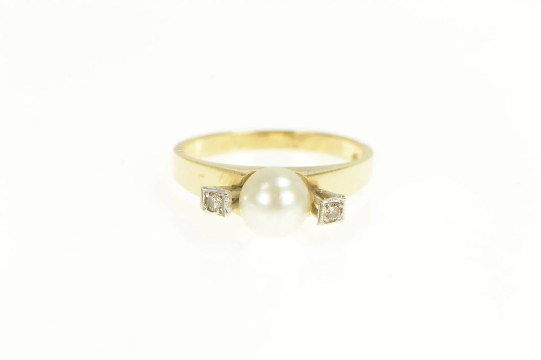 14K 1940's Pearl Diamond Accent Engagement Ring Yellow Gold