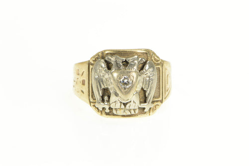 14K 1950s 32nd Degree Diamond Masonic Eagle Ring Yellow Gold