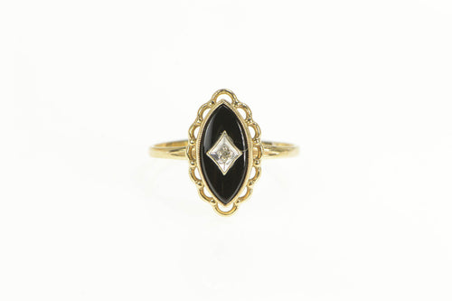 10K Marquise Diamond Black Onyx Diamond Ring Yellow Gold