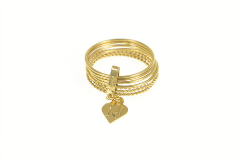 18K I A Initial Heart Charm Layered Stacked Band Ring Yellow Gold